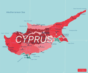 Wall Mural - Cyprus country detailed editable map with regions cities and towns, roads and railways, geographic sites. Vector EPS-10 file