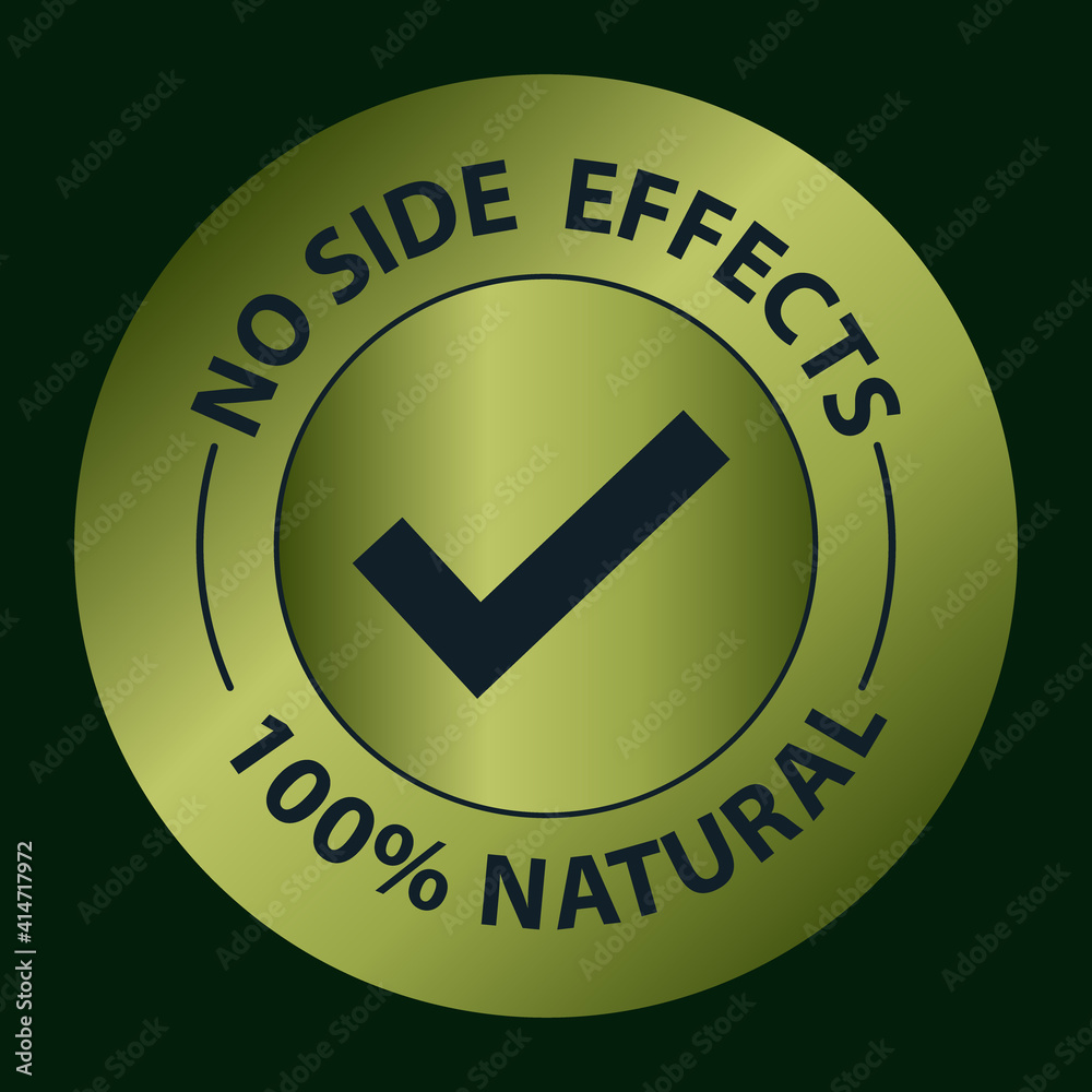 'no side effects, 100% natural' icon organic product abstract, vector icon with tick mark. metallic green color