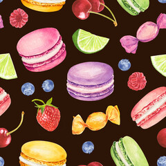 Wall Mural - Seamless pattern with watercolor colorful macaroons and berries isolated on dark background.