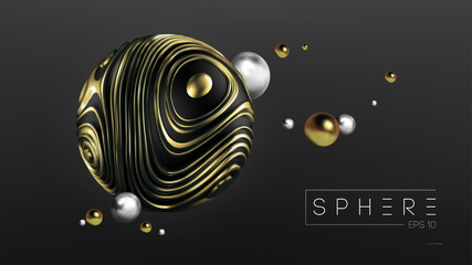 Modern 3d graphic concept. 3d sphere gold on black background for web design. Modern abstract liquid noise fluid form background. Vector mesh bronze gold.