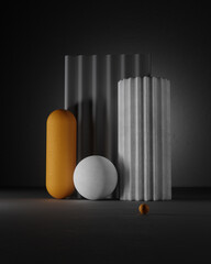 Poster - 3d still life render. Abstract shape composition with sphere, capsule. Dark gamma with bright orange color.
