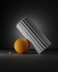 Poster - 3d still life render. Abstract shape composition with sphere, capsule. Dark gamma with bright orange color.