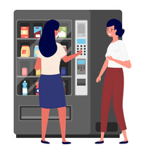Business Women Communicating During Coffee Break. Colleagues Isolated On White Background. Woman In Mask Near The Food Vending Machine Is Buying A Drink. The Girl Is Standing And Talking To Her Friend
