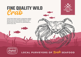 Wall Mural - Fine Quality Organic Seafood. Abstract Vector Food Packaging Design or Label. Modern Typography and Hand Drawn Crab and Fishes Silhouettes. Sea Bottom Landscape Background Layout with Banner