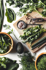 Wall Mural - Green vegetables and fruits, avocado, lime, cabbage, parsley, cucumber, dill, onion ,salad, spinach