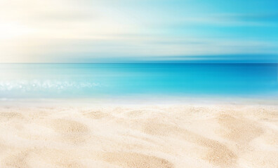 Wall Mural - Summer background image of tropical beach with blurred horizon at sunset. Light sand of beach against backdrop of sparkling ocean water. Natural seascape.