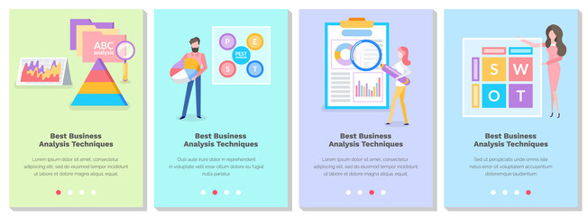 Poster - Set of illustrations on the topic of people studying the best business analysis techniques. Website landing page template. Cartoon characters examining statistics in the background vector illustration