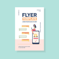 Woman with smartphone chatting and sending money. Online payment, transfer, transaction flat vector illustration. Finance, banking, paying concept for banner, website design or landing web page