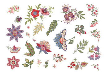 Wall Mural - Set of pattern elements with stylized ornamental flowers in retro, vintage style. Jacobin embroidery. Colored vector illustration In pink
