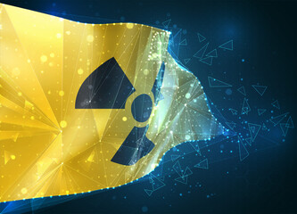Wall Mural - radiation sign on a yellow background in 3d vector flag, virtual abstract 3D object from triangular polygons on a blue background