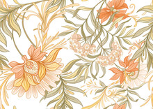 Seamless Pattern, Background With Decorative Flowers In Art Nouveau Style, Vintage, Old, Retro Style. Vector Illustration.