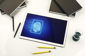 Aufkleber - Top view of modern digital tablet display with abstract creative fingerprint illustration, personal biometric data concept. 3D Rendering