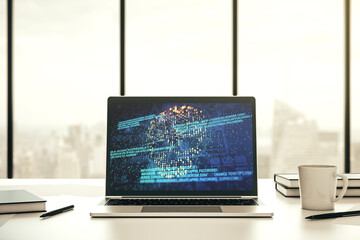 Poster - Creative code skull hologram on modern computer monitor, cybercrime and hacking concept. 3D Rendering