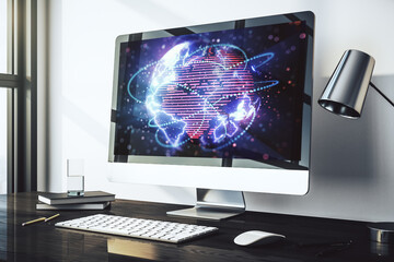 Aufkleber - Abstract digital world map with connections on modern computer monitor, big data and blockchain concept. 3D Rendering