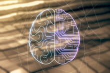 Virtual Creative Artificial Intelligence Hologram With Human Brain Sketch On Abstract Metal Background. Double Exposure