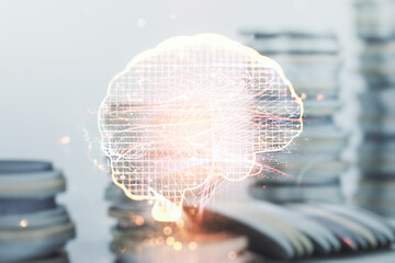 Poster - Double exposure of creative artificial Intelligence interface on growing stacks of coins background. Neural networks and machine learning concept