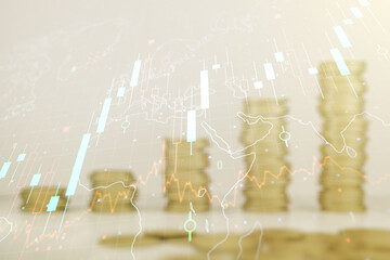 Poster - Multi exposure of virtual abstract financial chart hologram and world map on growing stacks of coins background, research and analytics concept