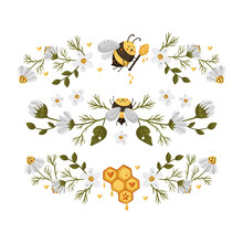 Honey Bee Border Frame. Vector Illustration. Horizontal Divider Frame Card With Daisy Flower. Sweet Summer Nature Elements.