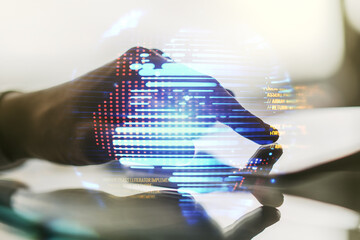 Poster - Multi exposure of abstract graphic coding sketch with world map and hand working with a digital tablet on background, big data and networking concept