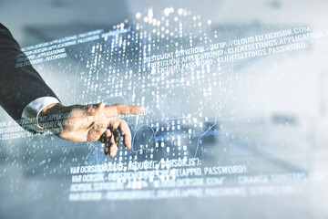 Poster - Double exposure of male hand working with abstract virtual creative code skull hologram on blurred office background. Malware and cyber crime concept
