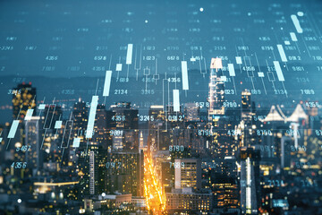Aufkleber - Double exposure of abstract creative statistics data hologram on San Francisco office buildings background, analytics and forecasting concept