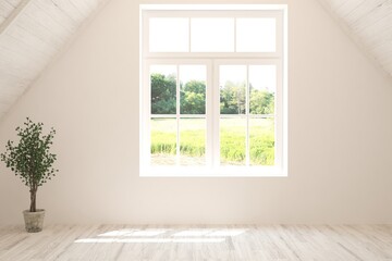 White empty room with summer landscape in window. Scandinavian interior design. 3D illustration