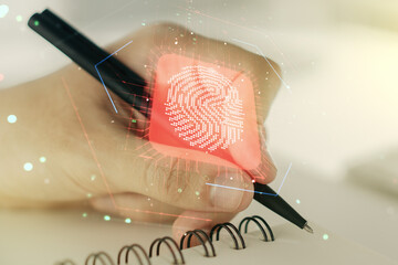 Poster - Multi exposure of creative fingerprint hologram with man hand writing in notebook on background, personal biometric data concept