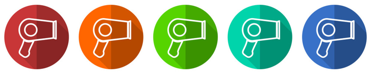 Fototapete - Hair dryer, beauty salon icon set, flat design vector illustration in 5 colors options for webdesign and mobile applications