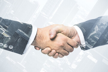 Handshake of two businessmen on modern city skyline background, deal and partnership concept. Multiexposure