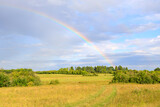 Fototapeta Tęcza - green field and part of a rainbow above it