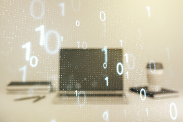 Aufkleber - Creative abstract binary code hologram on modern computer background, AI and machine learning concept. Multiexposure