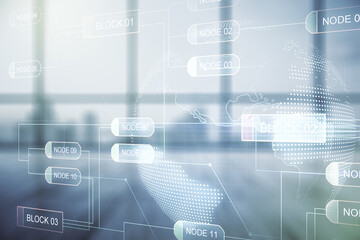 Poster - Double exposure of abstract creative programming illustration and world map on empty room interior background, big data and blockchain concept