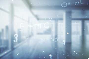 Poster - Scientific formula illustration on modern interior background, science and research concept. Multiexposure