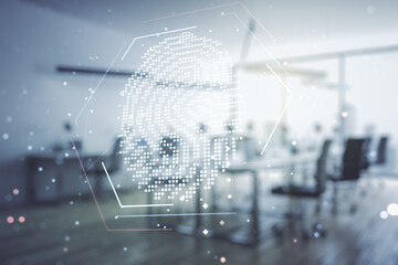 Poster - Multi exposure of virtual fingerprint scan interface on a modern furnished office interior background, digital access concept