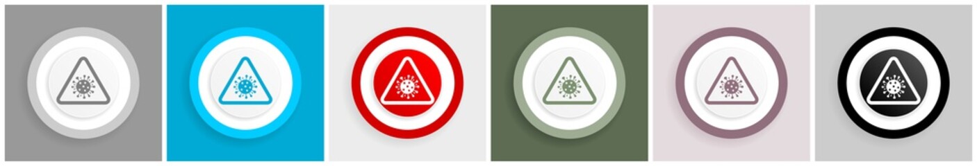 Aufkleber - Coronavirus triangle warning sign, covid-19 caution icon set, colorful flat design vector illustrations in 6 options for web design and mobile applications
