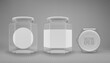 A set of hexagon glass jars with lids. A transparent jar with a white lid and labels. Realistic 3D illustration. Vector