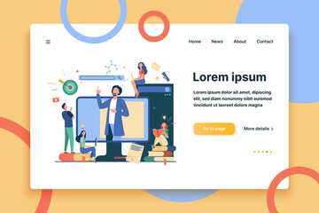 Wall Mural - teacher reading lecture online isolated flat vector illustration. students learning lesson via lapto