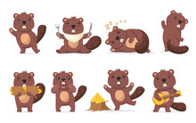 Funny Beaver Set. Cute Cartoon Woodchuck Waving Hello, Eating Wood, Sleeping, Dancing In Different Poses. Vector Illustration For Wildlife, Animal, Nature Concept