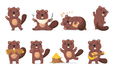 Wall Mural - funny beaver set. cute cartoon woodchuck waving hello, eating wood, sleeping, dancing in different p