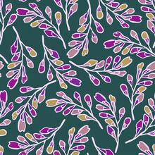 Abstract Elegant Seamless Pattern Of Lined Botanical Floral Motifs Of Plants And Leaves In Pastel Purple. Perfect For Textiles, Shirts, Sheets, Surfaces, Wallpapers, Wrapping Paper, Decorations.