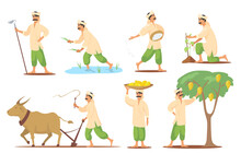 Happy Indian Farmer In Different Poses Flat Set For Web Design. Cartoon Barefoot Man Plowing Field, Planting And Seedling Isolated Vector Illustration Collection. Rural Business And Village Concept