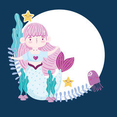 Poster - Mermaid jellyfish starfishes seaweed cartoon