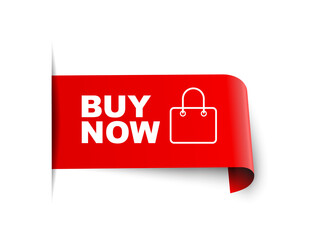 Poster - buy now vector banner ribbon with shopping bag.