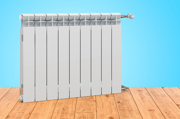 Poster - heating radiator on the wooden planks, 3d rendering