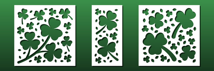 Poster - Laser cut panels, floral pattern with traditional clovers and shamrocks. Cnc cut stencil for wall  art, home decor, coasters, card background, paper art, diy craft. Vector illustration