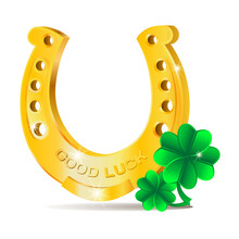 Golden Horseshoe With Clover. Good Luck Symbols 