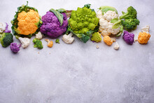 Purple, Yellow, White And Green Color Cauliflowers