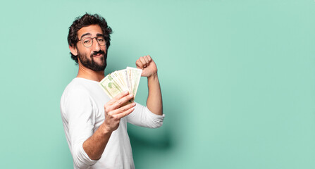 Sticker - young crazy bearded man with dollar banknotes