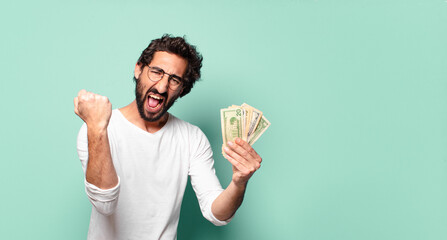 Sticker - young crazy bearded man with dollar banknotes