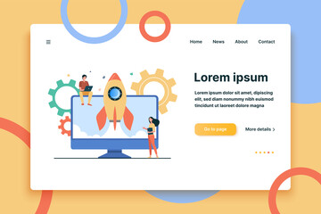 Fototapete - Tiny character launching startup rocket. Monitor, computer, idea flat vector illustration. Business and development concept for banner, website design or landing web page